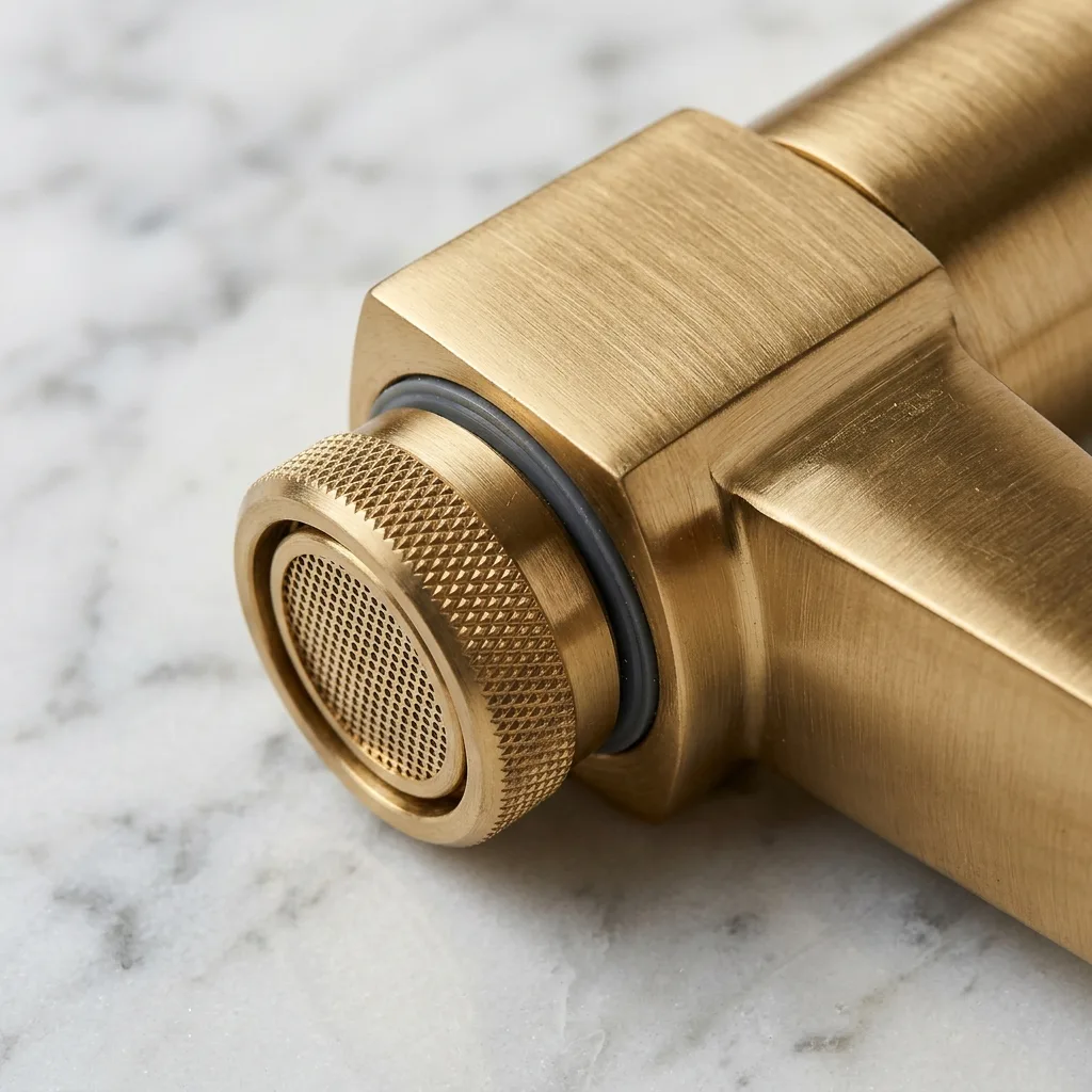 Close-up of brushed gold faucet on Carrara marble