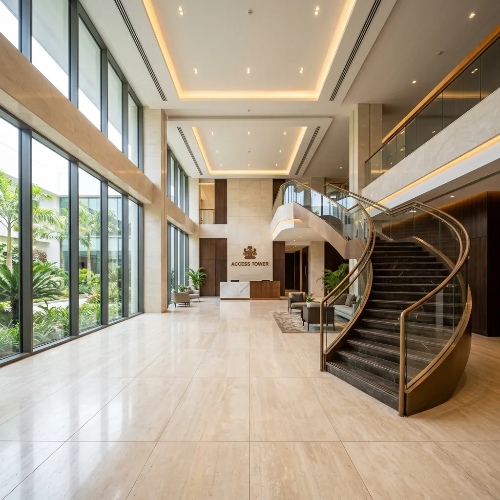 Grand foyer with premium travertine tiles and architectural lighting